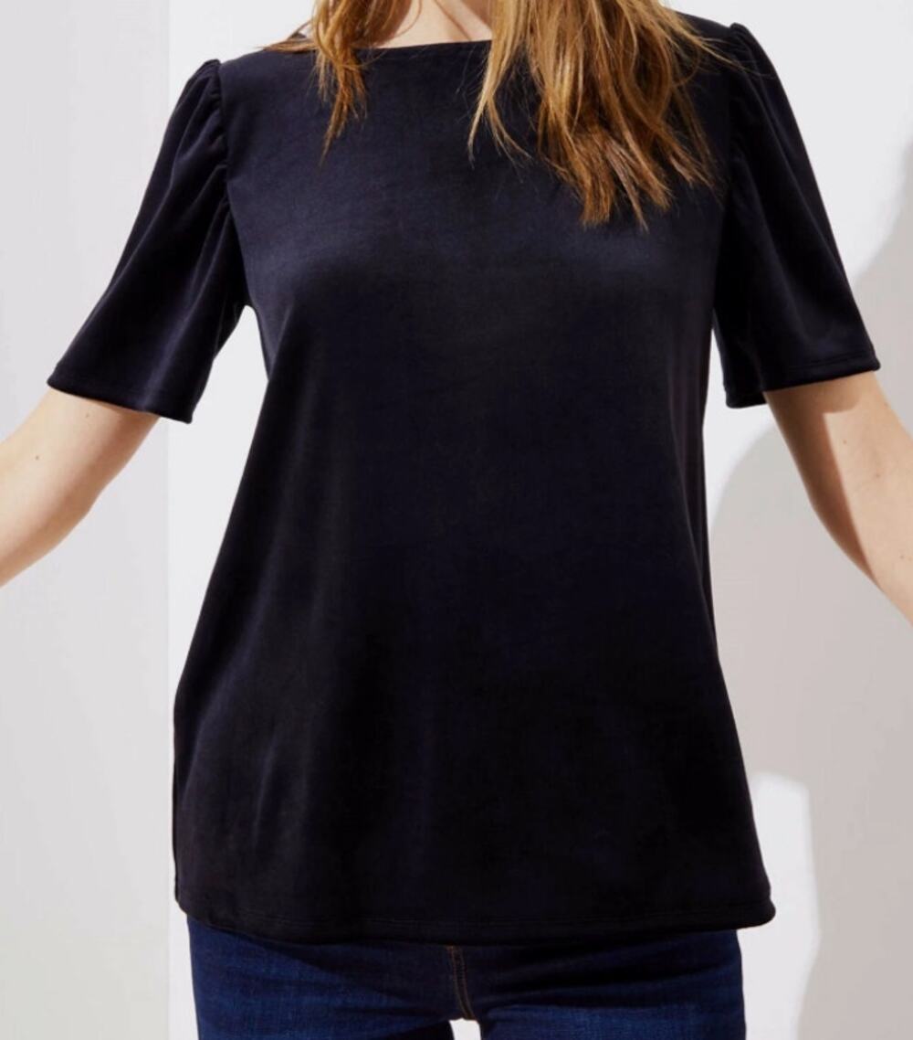 New LOFT Black Velvet Short Puff Sleeve Top Size Small Minimalist Work Casual